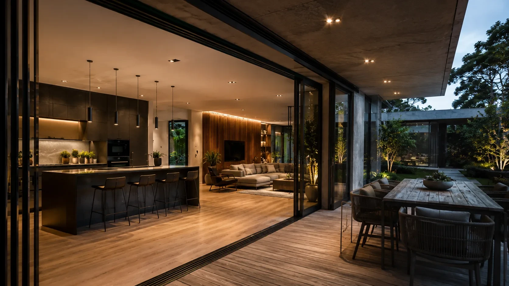 Moderne Küche und Wohnraum mit Blick auf eine geschützte Terrasse