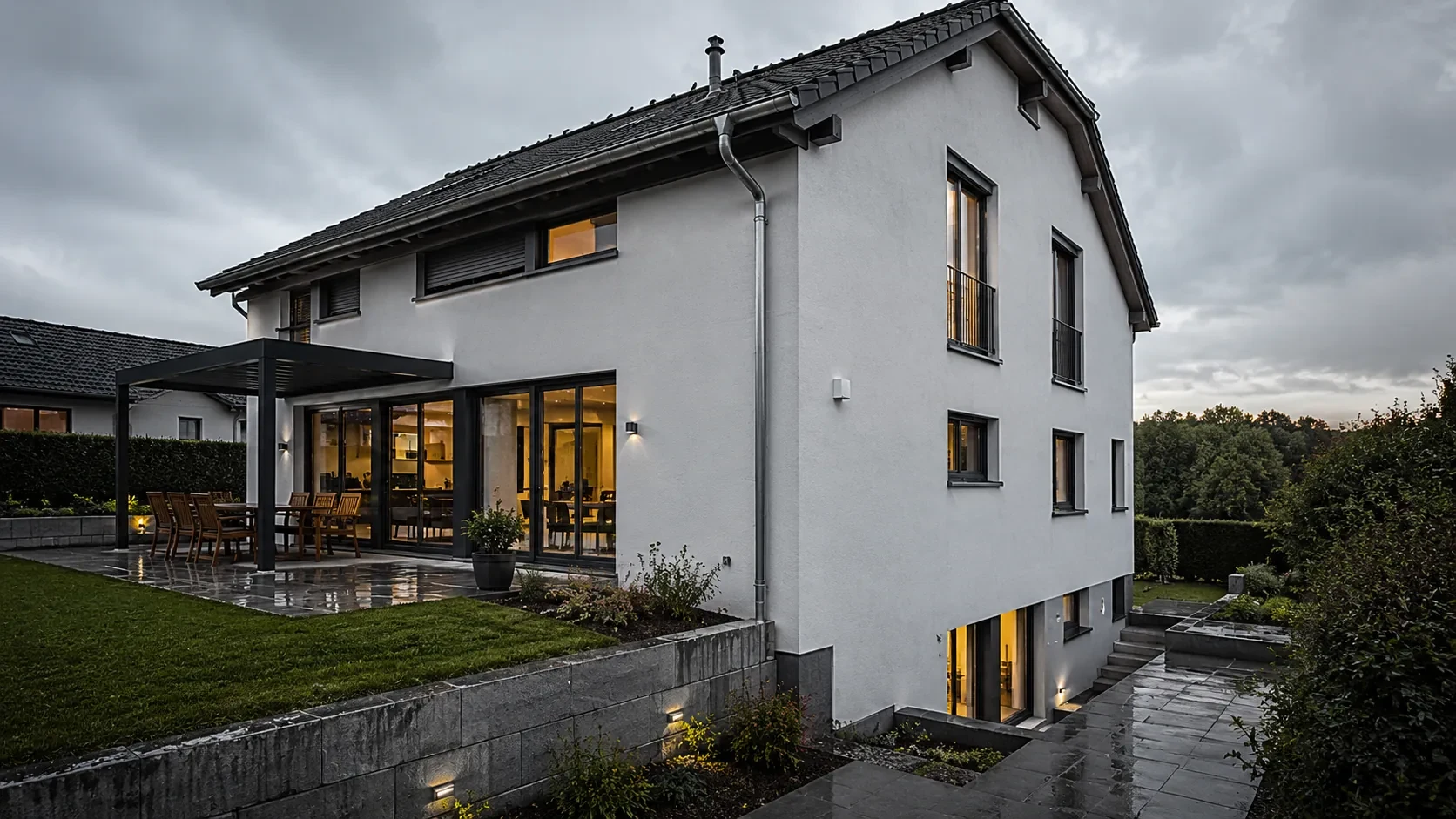 Wohnhaus mit sichtbarem Dach, Fassade und Kellerzugang