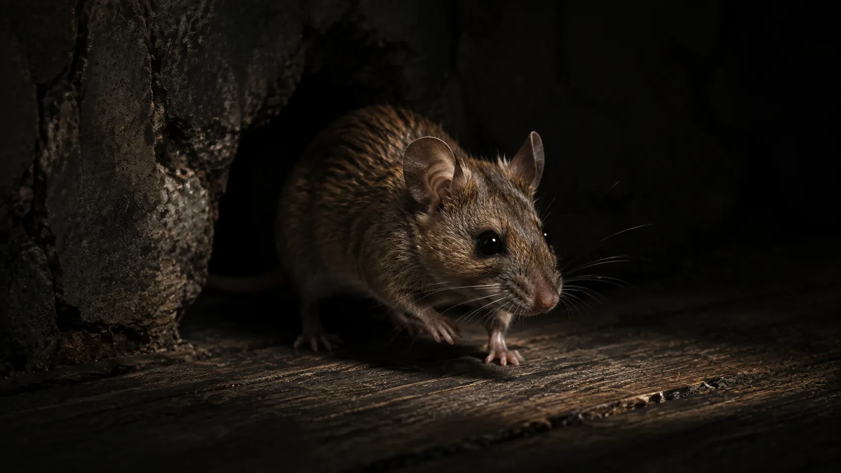 Hausmaus auf dunklem Holz vor einer Maueröffnung