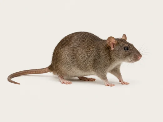 Wanderratte auf hellem Grund – gedrungener Körper, rundliche Ohren und kräftiger nackter Schwanz erkennbar
