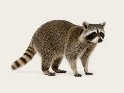 Waschbär auf hellem Grund – graues Fell, schwarze Gesichtsmaske und geringelter Schwanz erkennbar