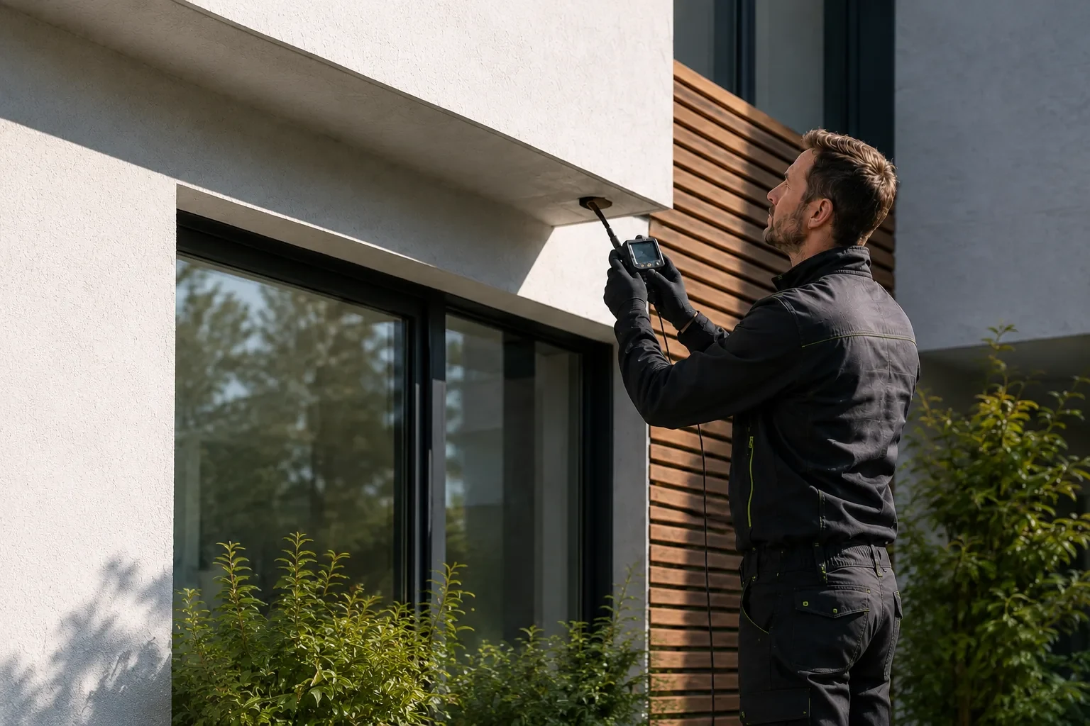 Schädlingsbekämpfer untersucht mit einer Inspektionskamera die Fassade eines Wohnhauses.