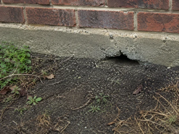 Kleine Öffnung am Übergang zwischen Fundament und Boden