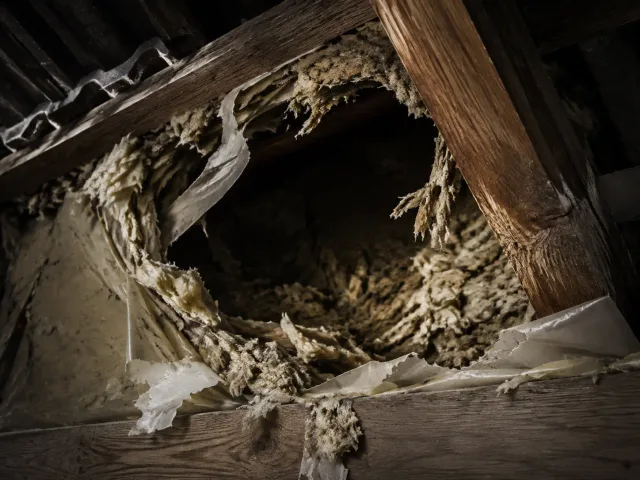 Große aufgerissene Öffnung in Mineralwolldämmung und beschädigter Dampfsperre zwischen Dachbalken
