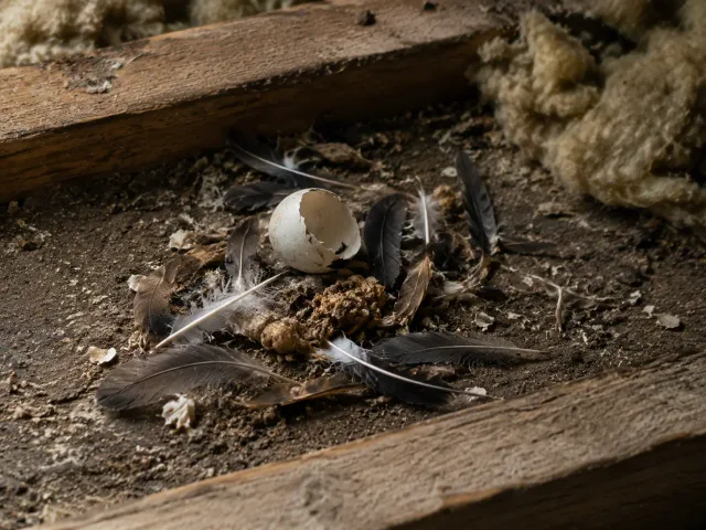 Federn, Eierschale und trockene Beutereste auf einem staubigen Dachboden