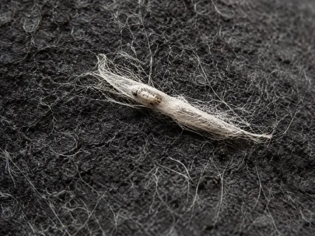 Helle Gespinströhre einer Kleidermottenlarve auf dunklem Wollstoff