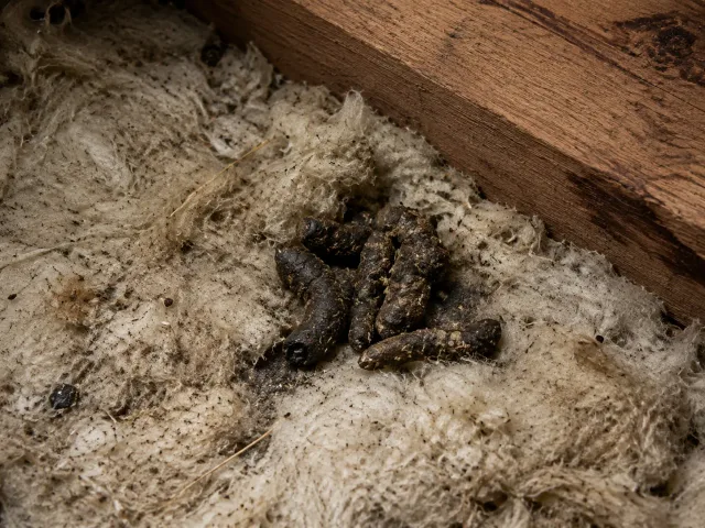 Mehrere dunkle Waschbärkotstücke auf verschmutzter Dachbodendämmung neben einem Holzbalken