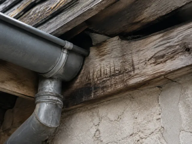 Kratz- und Abriebspuren an einem verwitterten Holzbalken neben einer Dachrinne