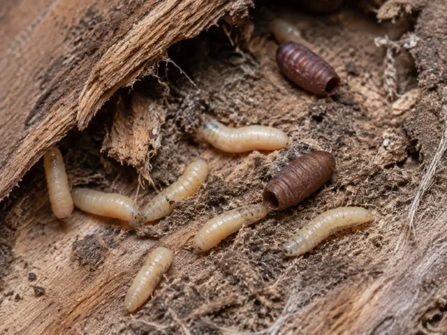 Fliegenlarven und leere Puppenhüllen in trockenem organischem Material