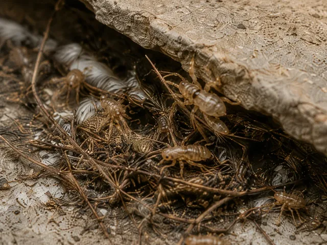 Kleine braune Vogelparasiten in trockenem Nistmaterial unter einer Dachkante