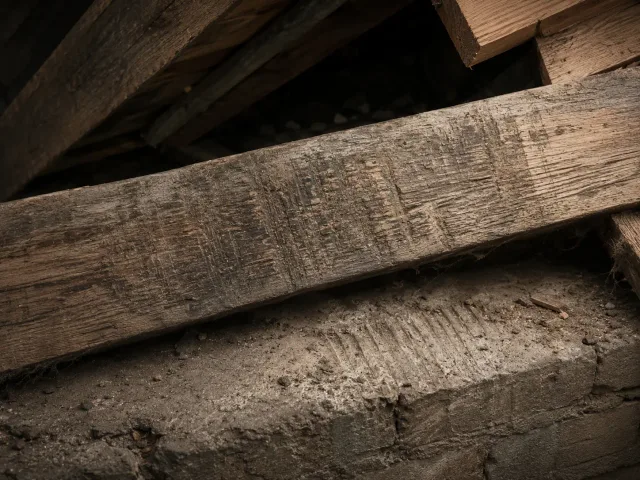 Breite Schmier- und Kratzspuren an altem Dachbalken und staubiger Mauerwerkskante