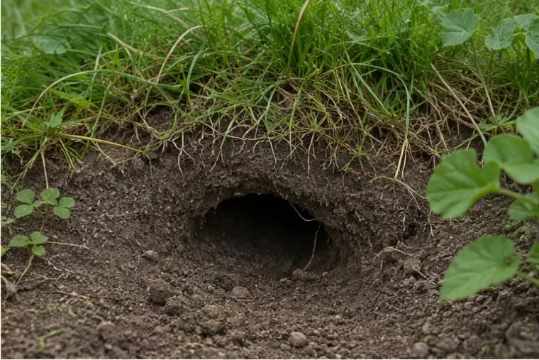 Hoher runder Maulwurfshügel mit zentralem Auswurf