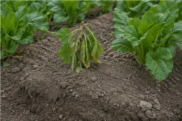 Welke Gemüsepflanze zwischen gesunden Pflanzen in einem Beet