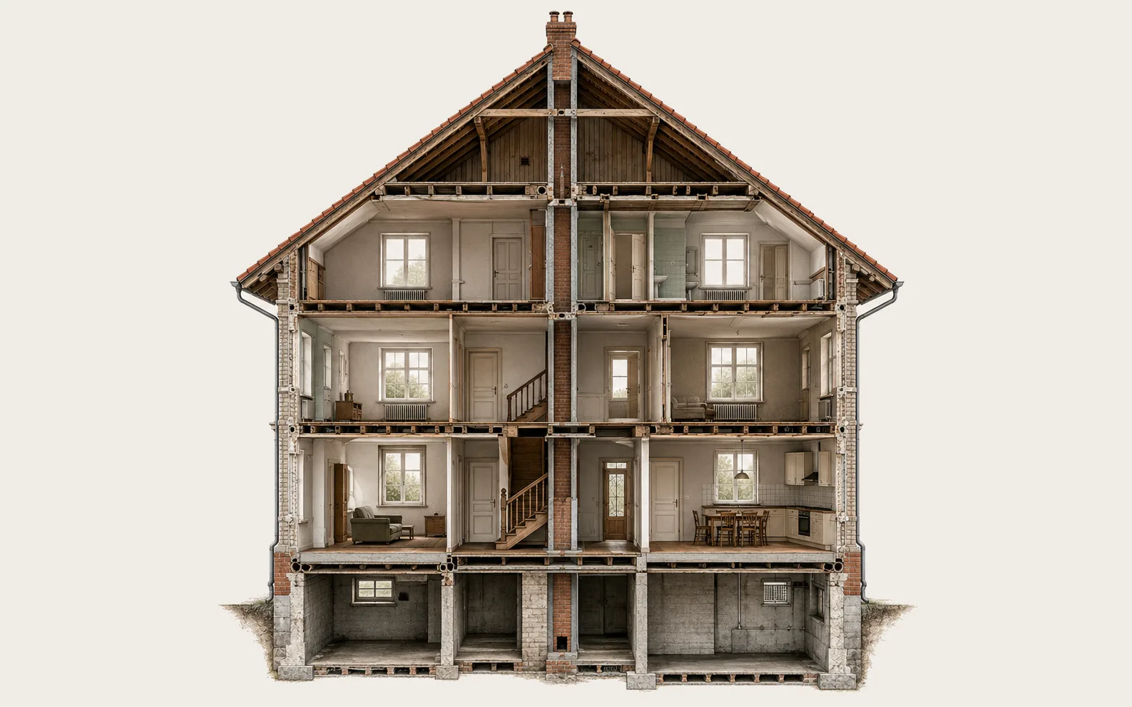 Unbeschrifteter Querschnitt eines mehrgeschossigen Hauses mit Fenstern und Hohlräumen