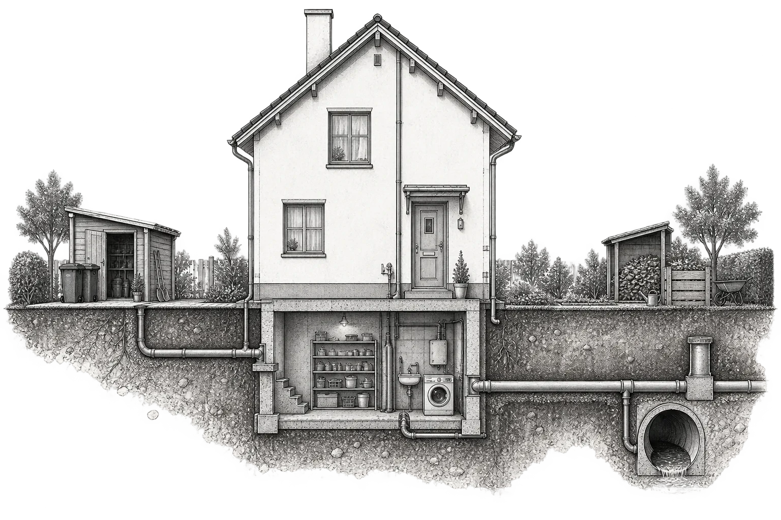 Architektonischer Gebäudeschnitt mit Keller, Leitungen, Kanal, Garten und Nebenbereichen