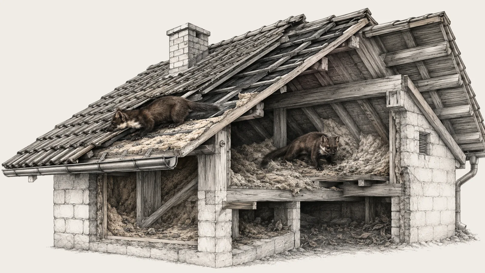 Detaillierter unbeschrifteter Haus- und Dachquerschnitt mit zwei Steinmardern, beschädigter Dämmung und möglichen Zugangswegen