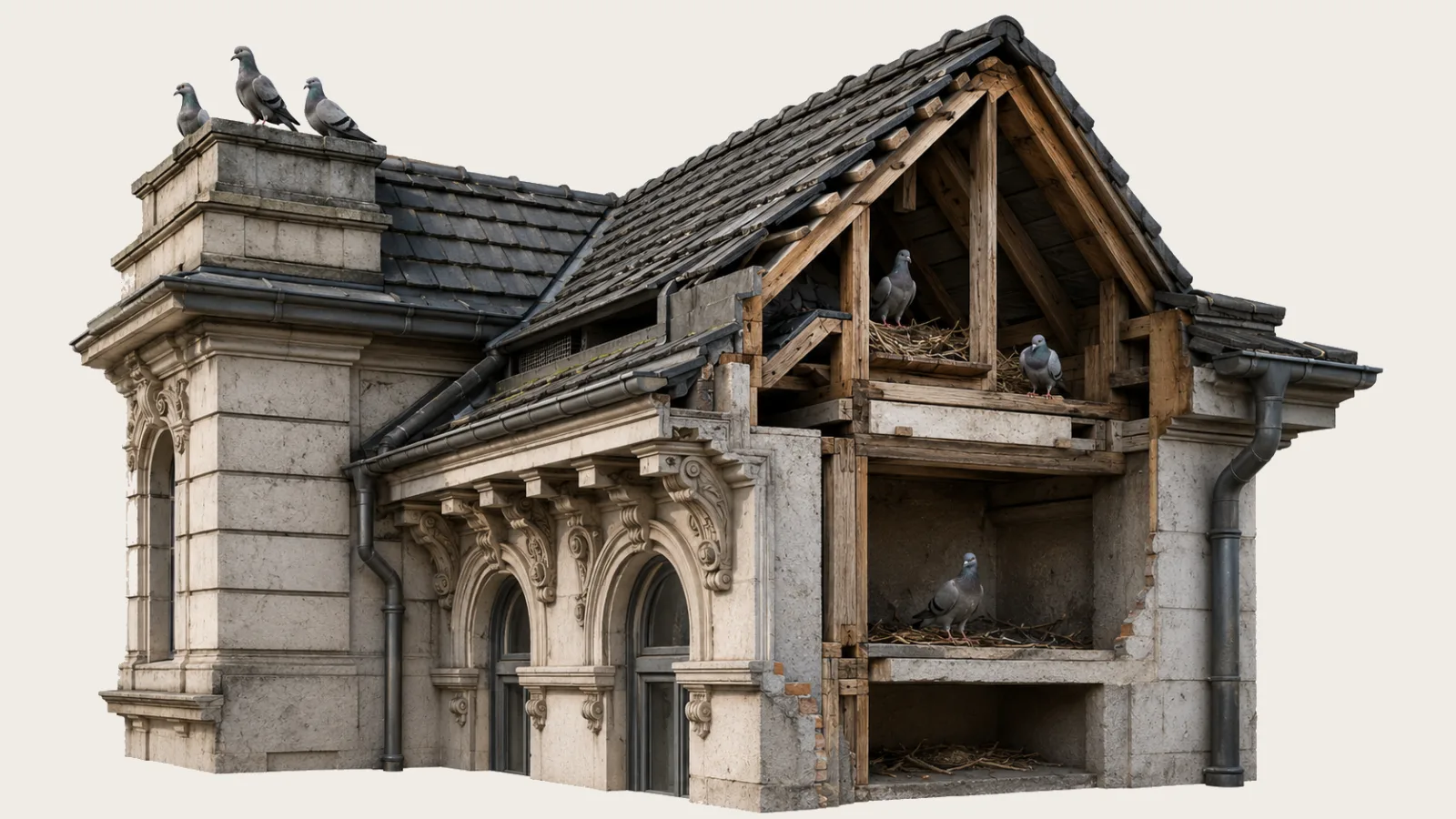 Detaillierter unbeschrifteter Schnitt durch eine historische Fassade mit Dachraum, Gesimsen und natürlichen Tauben-Sitzplätzen