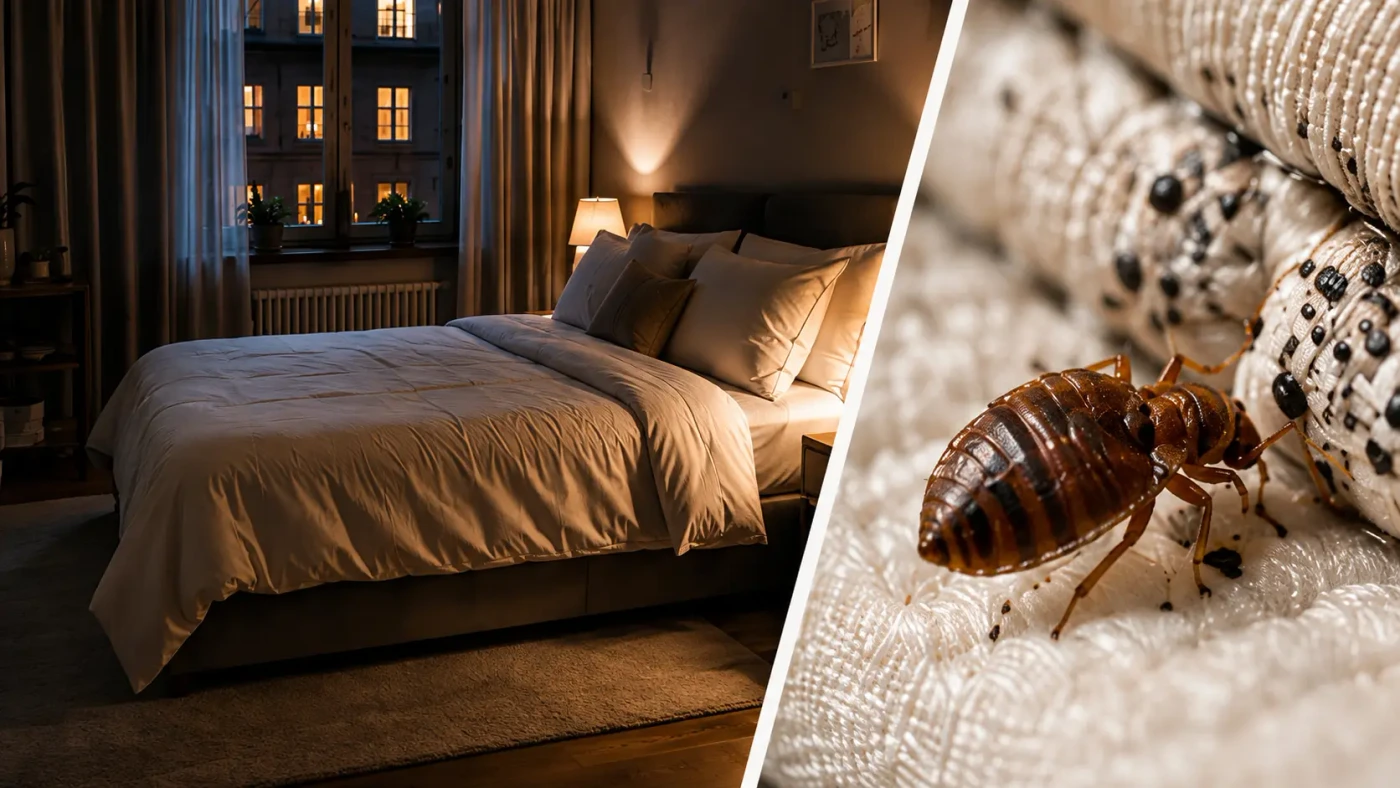 Nächtliches Schlafzimmer und Bettwanze an einer Matratzennaht