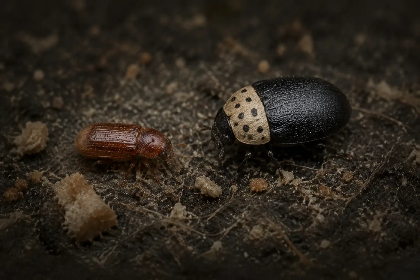 Brotkäfer und Gemeiner Speckkäfer als Makroaufnahme