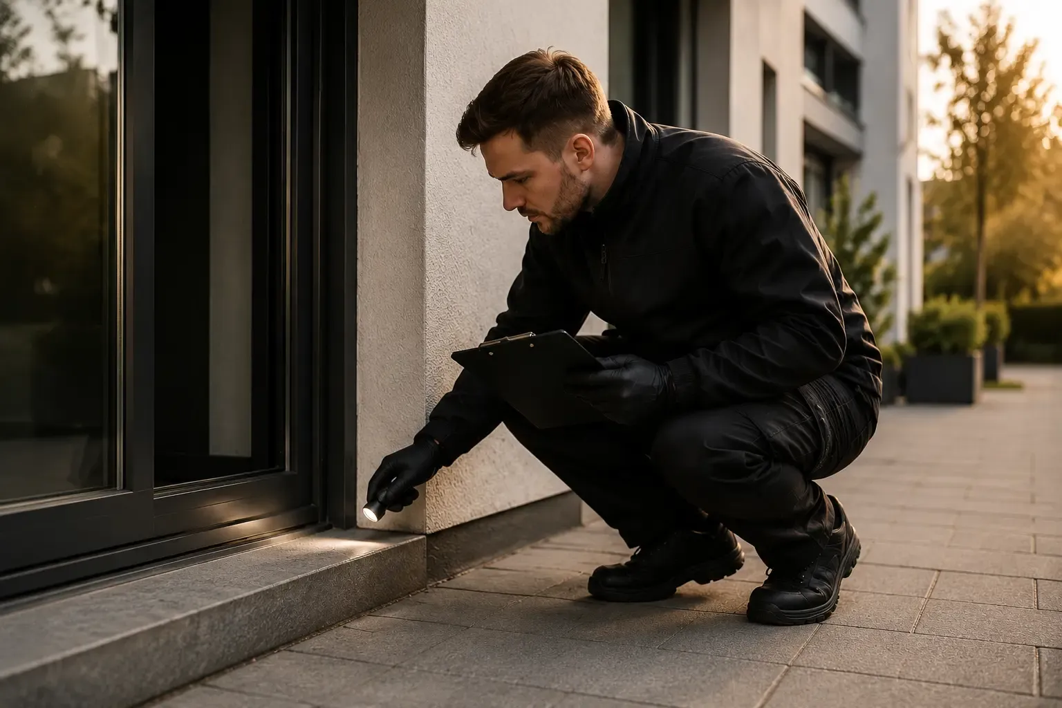 Techniker untersucht einen möglichen Zugang an einer Gebäudetür