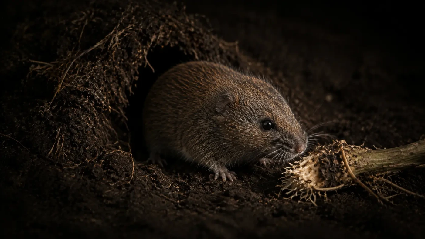 Wühlmaus am Ausgang eines dunklen Erdtunnels