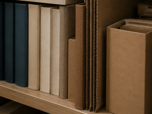 Bücher und Kartons in einem trockenen Archiv