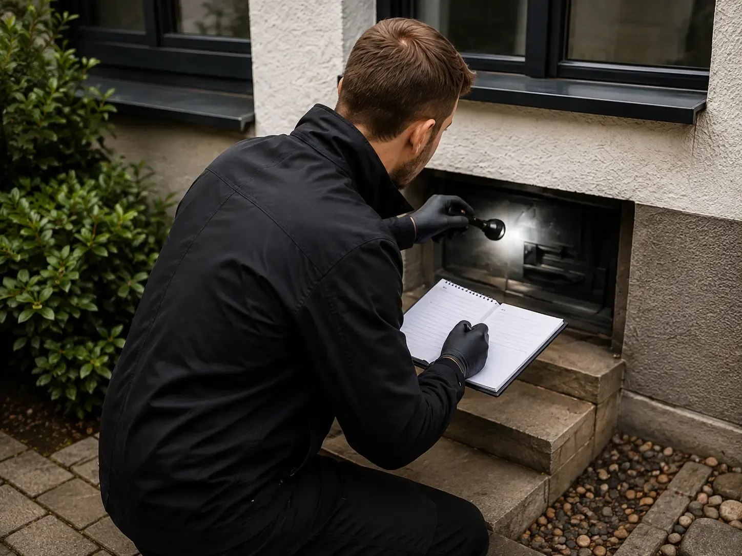 Techniker untersucht einen möglichen Zugang am Gebäude