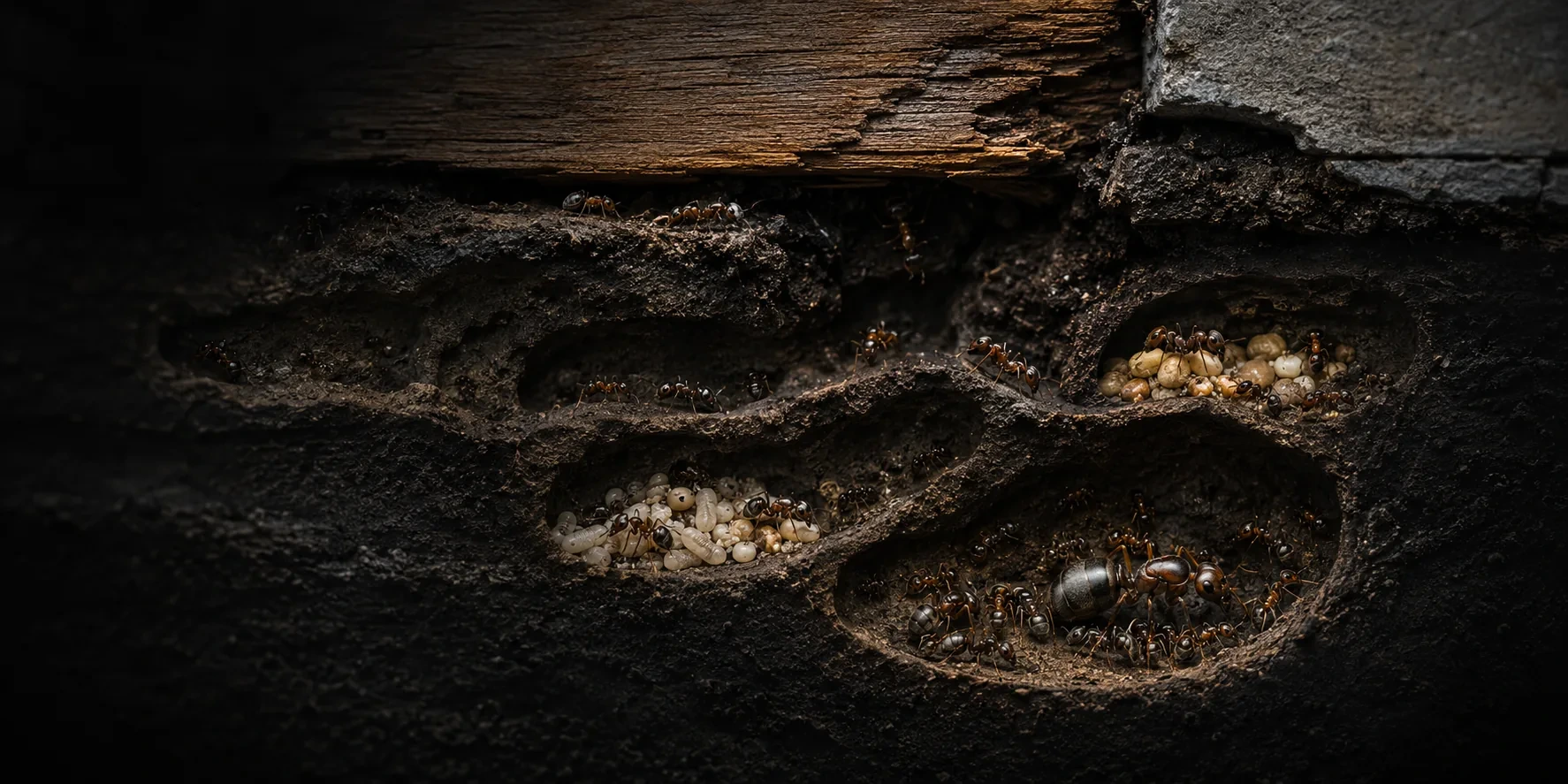 Querschnitt einer Ameisenkolonie unter einem feuchtegeschädigten Bauteil