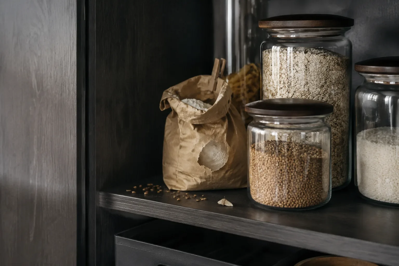 Beschädigte Vorratspackung und Gläser in einem dunklen Küchenschrank