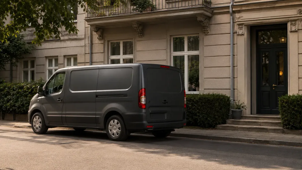 Neutraler unbeschrifteter Transporter vor einem Wohnhaus