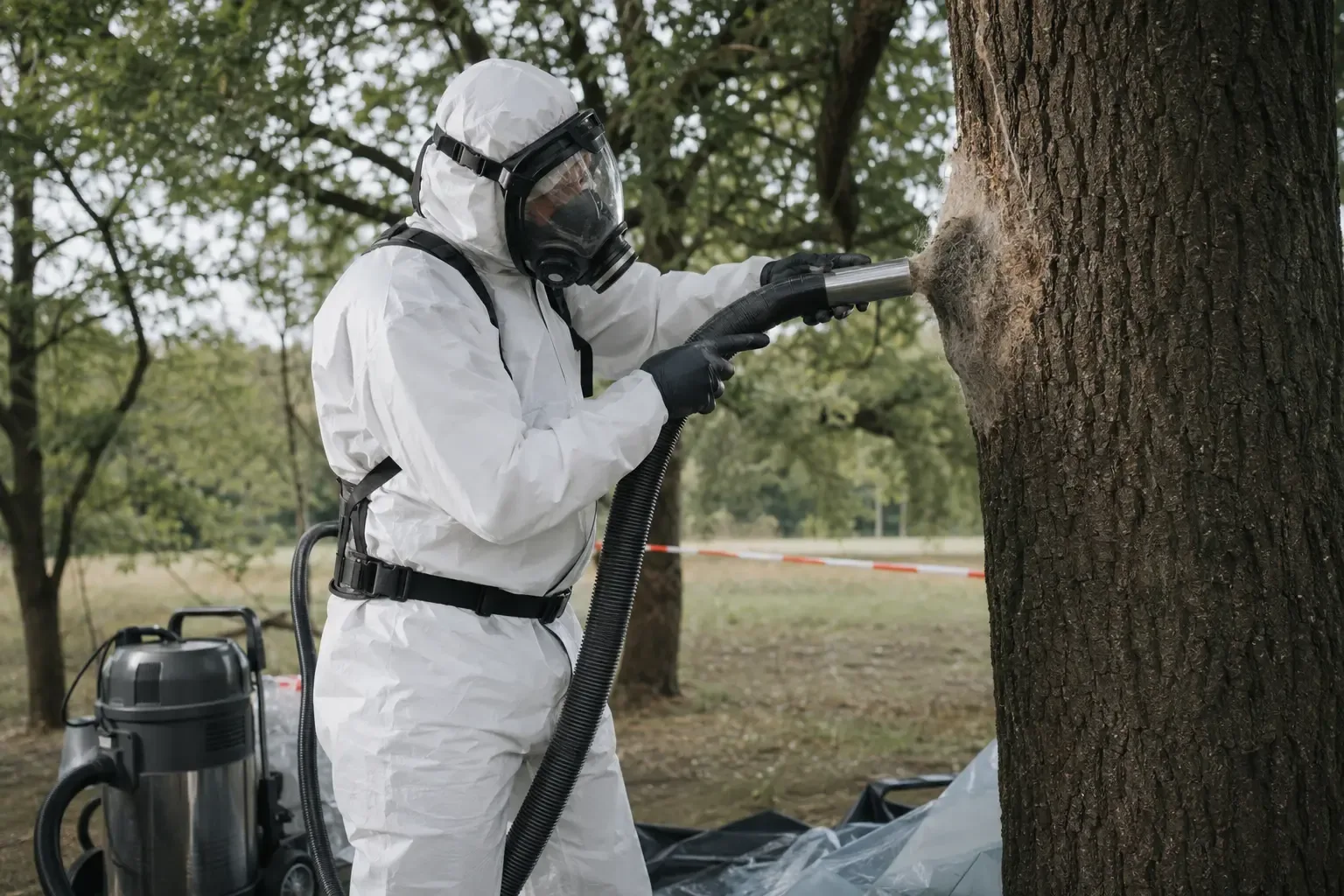 Vollständig geschützte Fachkraft saugt ein Gespinstnest an einer Eiche ab