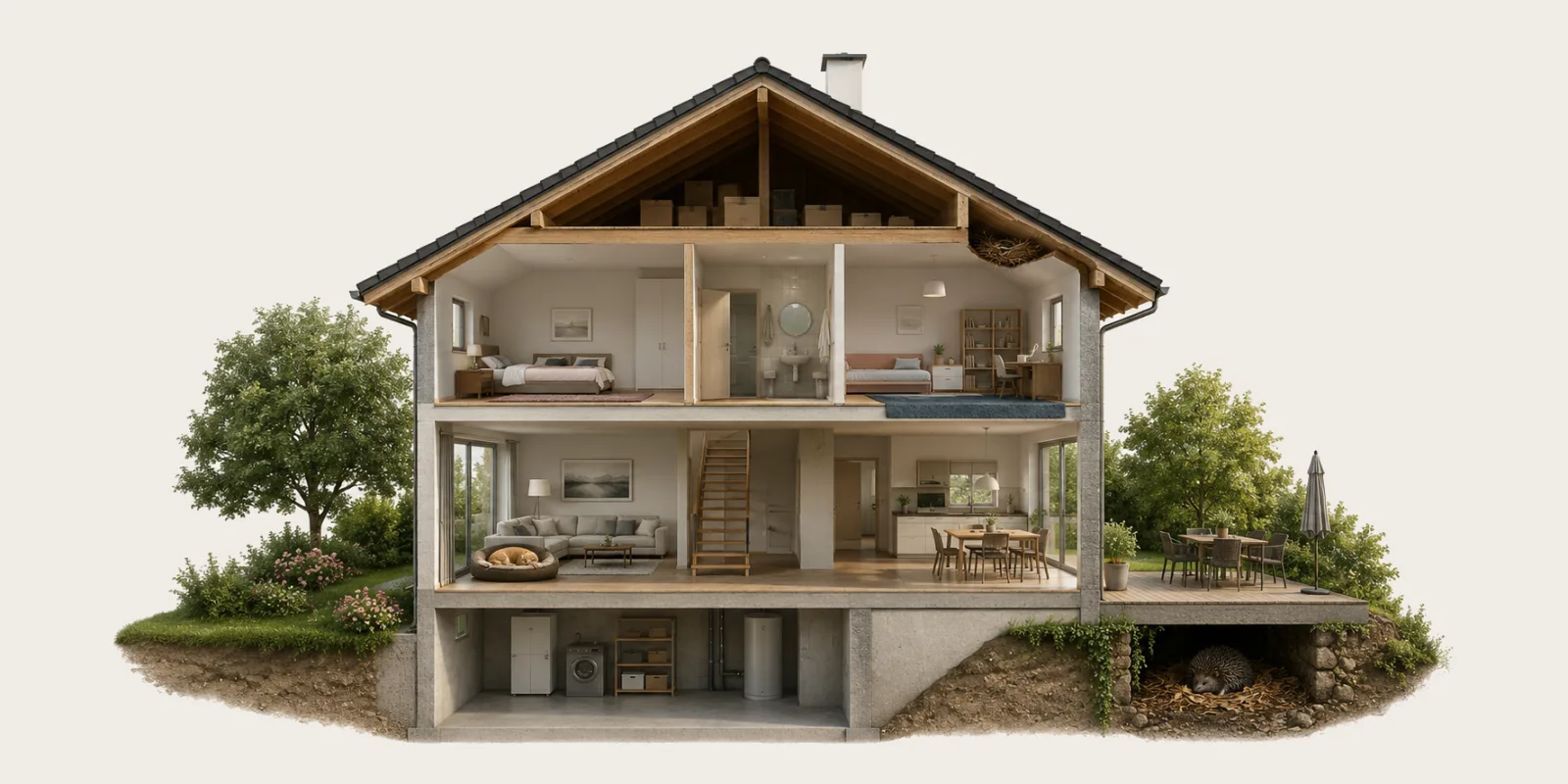 Unbeschrifteter Haus- und Gartenquerschnitt mit Wohnräumen, Dachtraufe und Terrasse