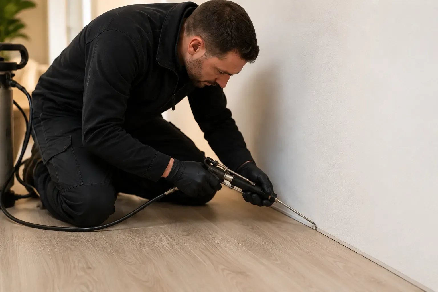 Techniker führt eine präzise Behandlung an einer Wandfuge durch