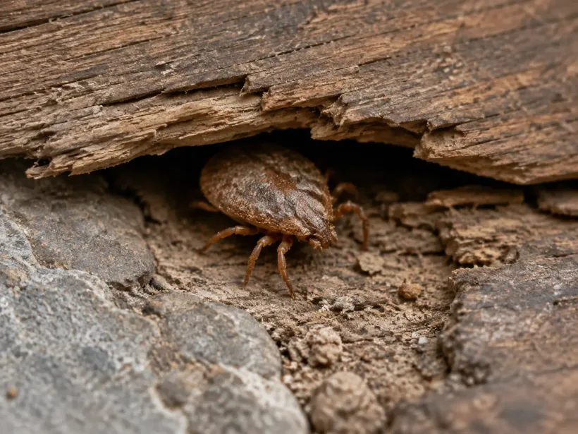 Makroaufnahme einer braunen Taubenzecke Argas reflexus in einer hölzernen Gebäudefuge