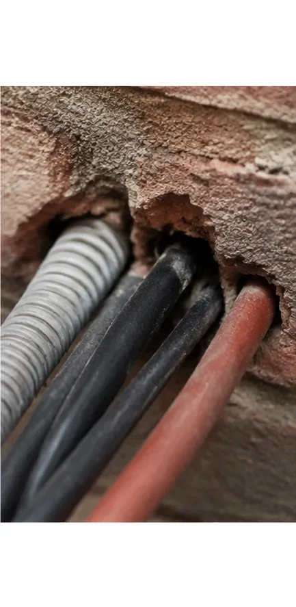 Kabel und Leitungen durch einen offenen Mauerdurchbruch
