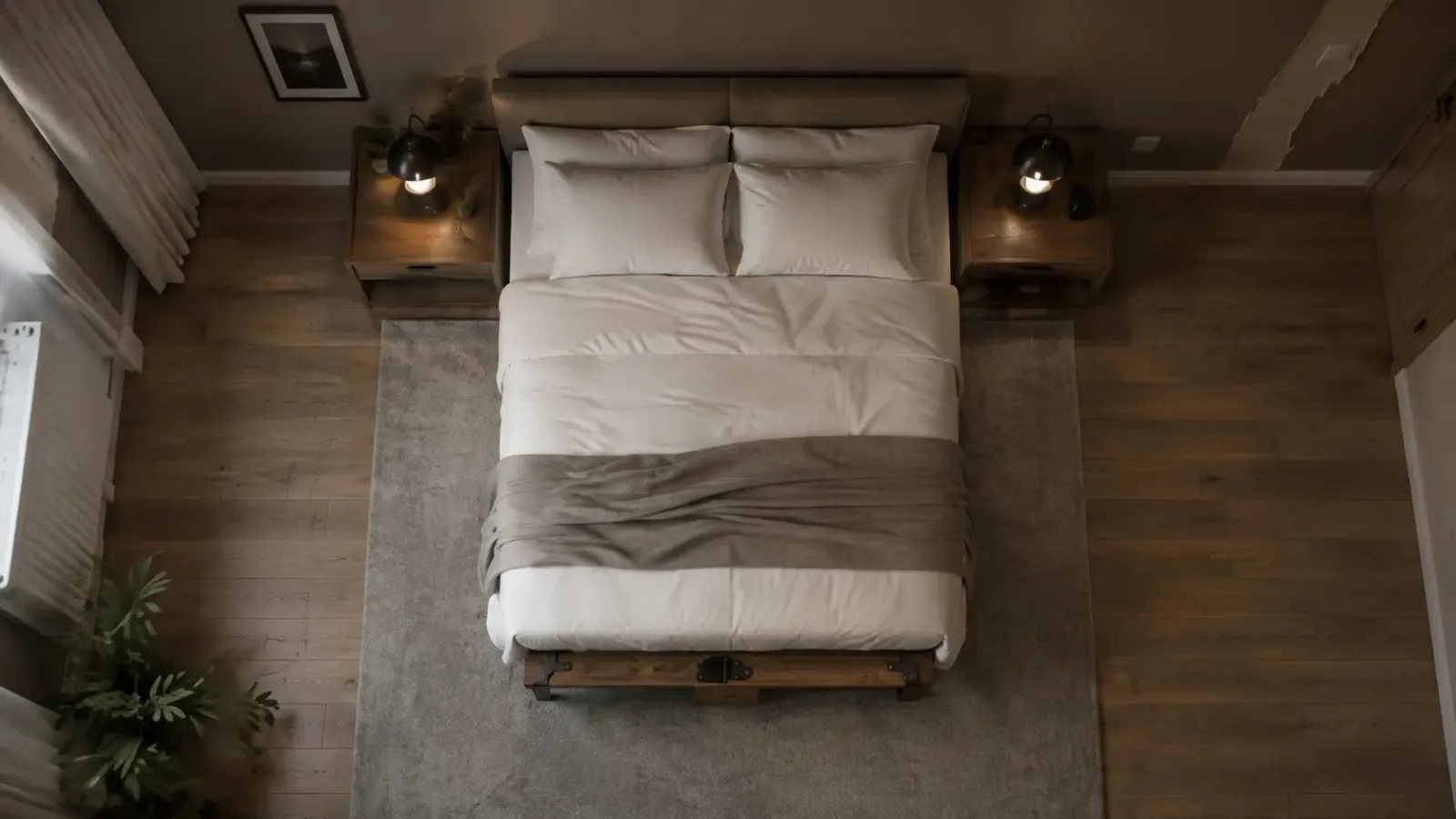 Schlafzimmer von oben mit Bett und umliegenden möglichen Bettwanzenverstecken